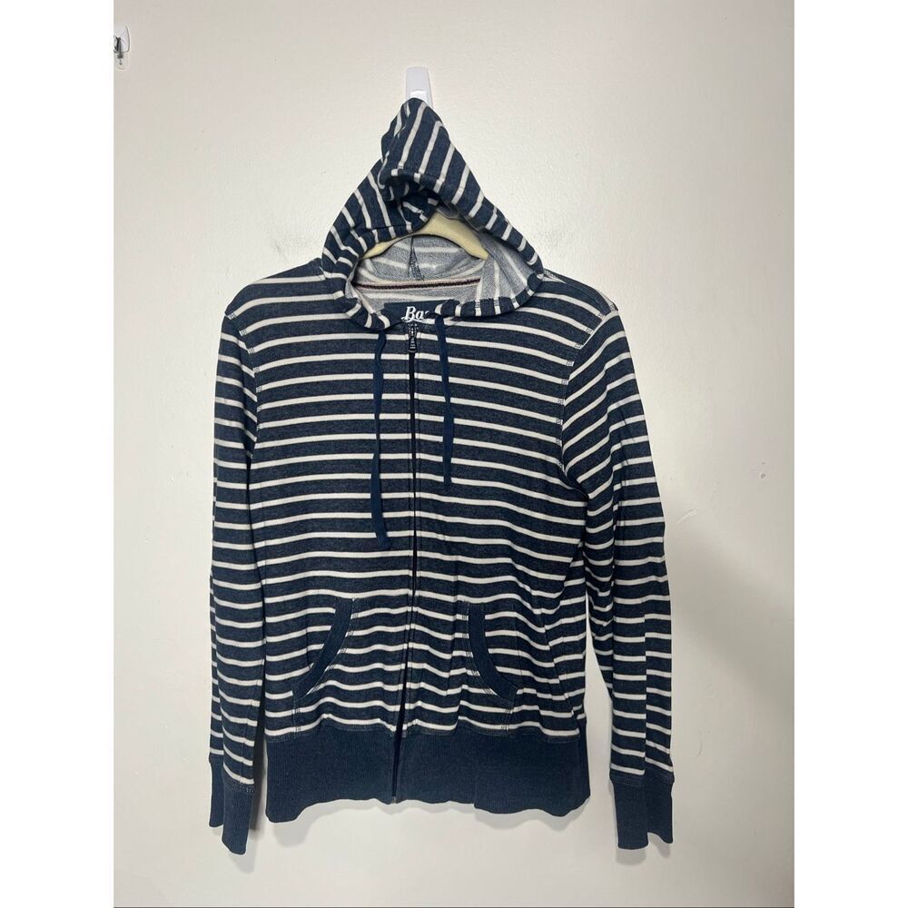 Bass Weekend Hooded Full Zip Sweatshirt Blue White Stripe Sz M Nautical Coastal